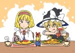  2girls :q :t alice_margatroid bangs black_headwear black_vest blonde_hair blue_dress blush bow broccoli capelet concentrating cup dress eating flying_sweatdrops food food_writing frilled_hairband frills hair_bow hairband hat hat_bow highres holding holding_spoon inuno_rakugaki ketchup ketchup_bottle kirisame_marisa long_hair long_sleeves multiple_girls omurice red_bow red_hairband saucer shanghai_doll shirt short_hair short_sleeves spoon steam tongue tongue_out touhou v-shaped_eyebrows vest white_bow white_capelet white_shirt witch_hat yellow_eyes 