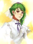  01rosso 1girl bangs bow brown_eyes eyebrows_behind_hair gloves green_hair hair_behind_ear hands_together juliet_sleeves long_sleeves looking_at_viewer macross macross_frontier macross_frontier:_toki_no_meikyu parted_lips puffy_sleeves purple_bow ranka_lee solo upper_body veil white_gloves 