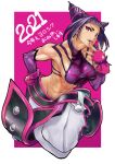  1girl 2021 abs baggy_pants belt biceps black_hair bokkusu border bracelet breasts chinese_clothes commentary_request detached_sleeves drill_hair dudou finger_licking fingerless_gloves gloves han_juri jewelry large_breasts licking multiple_belts muscular muscular_female outside_border pants pink_background purple_eyes short_hair sideboob solo spiked_bracelet spikes street_fighter street_fighter_iv_(series) tongue tongue_out twin_drills upper_teeth white_border 