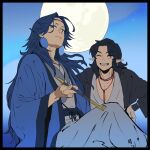  2boys black_hair blue_hair closed_eyes earrings hands_on_hips jewelry lanxi_zhen laojun_(the_legend_of_luoxiaohei) long_hair long_sleeves moon multiple_boys okada_(okada_zari) parted_lips pointy_ears smile the_legend_of_luo_xiaohei upper_body wide_sleeves xuan_li_(the_legend_of_luoxiaohei) 