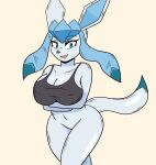  anthro anthrofied athom big_breasts blue_body blue_eyes blue_fur bottomless breasts cleavage clothed clothing convenient_censorship crossed_arms eeveelution female fur glaceon huge_breasts looking_at_viewer mammal nintendo open_mouth partially_clothed pok&eacute;mon pok&eacute;mon_(species) simple_background smile standing tan_background tongue topwear video_games white_body white_fur wide_hips 