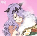  1girl bare_shoulders bowl camilla_(fire_emblem) chopsticks closed_eyes egg egg_yolk fire_emblem fire_emblem_fates food hair_over_one_eye lipstick long_hair makeup noodles purple_hair r3dfive ramen solo tiara 