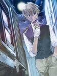  1boy amuro_tooru bangs black_vest blonde_hair blue_eyes brown_pants building buttons closed_mouth cloud cloudy_sky collared_shirt commentary_request cowboy_shot dreaming182 full_moon gloves hair_between_eyes hand_in_pocket hand_up highres looking_at_viewer male_focus meitantei_conan moon night night_sky outdoors pants shirt short_hair short_sleeves sky smile solo standing star_(sky) starry_sky vest white_gloves white_shirt 