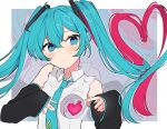  1girl bare_shoulders blue_eyes blue_hair blue_neckwear border cha_sakura collared_shirt commentary detached_sleeves dot_nose earrings eyebrows_visible_through_hair eyelashes facing_viewer fingernails flat_chest frown furrowed_eyebrows hair_between_eyes hands_up hatsune_miku heart heart_hair heart_in_eye highres hole hole_in_chest hole_on_body jewelry light_blush long_hair looking_to_the_side necktie pink_hair pout shirt sleeveless sleeveless_shirt sleeves_past_wrists solo surreal symbol_in_eye tareme tie_clip twintails upper_body very_long_hair vocaloid white_border white_shirt 