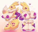  anthro anthrofied big_breasts bodily_fluids breasts claws clothing digimon digimon_(species) drawfruit female fur gloves handwear hi_res huge_breasts mammal nipples renamon saliva simple_background sweat yellow_body yellow_fur 