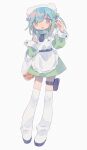  1girl apron aqua_hair arm_up bag bandaid bandaid_on_hand bangs belt black_belt black_neckwear boots bow censored clenched_hand contrapposto curled_fingers d: daizu_(melon-lemon) eyes_visible_through_hair film_grain frilled_apron frilled_hairband frills full_body gradient_eyes gradient_hair green_bow grey_background hair_between_eyes hair_bow hairband hand_up high_collar highres holding holding_bag long_sleeves looking_at_viewer medium_hair mosaic_censoring multicolored multicolored_eyes multicolored_hair necktie no_nose open_mouth orange_eyes original parted_lips plastic_bag puffy_long_sleeves puffy_sleeves short_necktie simple_background sleeve_cuffs solo standing sweat thigh_boots thighhighs two-tone_hair two_side_up white_apron white_footwear white_hairband 