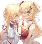  2girls akai_haato animal_collar ass blonde_hair bottomless bound bow breast_press breasts broken_heart chemise choker cleavage collar crop_top dual_persona face-to-face green_eyes haaton_(akai_haato) hair_bow hair_ornament heart heart_hair_ornament heart_pendant highres holding holding_leash hololive large_breasts leash long_hair multiple_girls oimo_0imo red_ribbon ribbon ribbon_bondage simple_background smile symmetrical_docking twintails very_long_hair virtual_youtuber white_background 