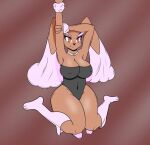  anthro athom big_breasts breasts brown_background brown_body brown_fur camel_toe cleavage clothed clothing female fur holding_arm kneeling lagomorph leggings legwear lopunny mammal nintendo nipple_outline pok&eacute;mon pok&eacute;mon_(species) raised_arm red_eyes simple_background smile solo stockings thick_thighs video_games wide_hips 