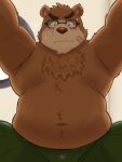  2021 3:4 anthro belly blush bodily_fluids bottomwear brown_body brown_fur clothing eyewear fur glasses hi_res kemono male mammal navel overweight overweight_male pants solo sweat tokyo_afterschool_summoners ursid video_games volos yaki_atsuage 