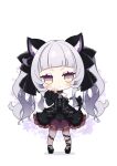 &gt;:) 1girl animal_ears bangs black_dress black_footwear black_sleeves blunt_bangs blush bow brooch cat_ears cat_girl cat_tail center_frills chain_print chibi choker closed_mouth cocozasa commentary_request criss-cross_halter detached_sleeves dress dress_bow earrings frilled_choker frilled_dress frilled_ribbon frills full_body gothic_lolita grey_legwear hair_ribbon halter_dress halterneck hololive jewelry juliet_sleeves layered_dress lolita_fashion long_hair long_sleeves looking_at_viewer mary_janes murasaki_shion pantyhose pinstripe_dress print_legwear puffy_sleeves ribbon shoes short_dress short_eyebrows sidelocks silver_hair simple_background sleeveless sleeveless_dress smile smug solo star_(symbol) tail tail_bow tail_ornament triangle_earrings twintails v-shaped_eyebrows virtual_youtuber white_background wide_sleeves yellow_eyes 