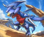  black_sclera claws cloud colored_sclera commentary_request day garchomp gen_4_pokemon nasuno_posi no_humans open_mouth outdoors pokemon pokemon_(creature) sharp_teeth shiny sky solo spikes teeth tongue yellow_eyes 
