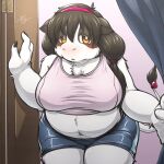  1:1 accessory amber_eyes anthro belly big_belly big_breasts black_body black_fingernails black_fur black_hair blush bottomwear bovid bovine bra breasts cattle chest_tuft clothed clothing doorway female fur hair hair_accessory hairband hi_res holstein_friesian_cattle kemono leaning leaning_forward mammal midriff shorts slightly_chubby solo spandex sports_bra spots spotted_body spotted_fur tight_clothing tsuchi_dash tuft underwear white_body white_fur 