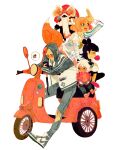  1girl 3boys animal_ears bangs black_legwear blunt_bangs bubble_blowing cat_boy cat_ears chewing_gum denim double_bun fox_ears fox_girl fox_tail ground_vehicle highres jeans long_hair long_sleeves luoman19921 luoxiaohei moped motor_vehicle multiple_boys nezha_(the_legend_of_luoxiaohei) orange_hair pants profile ruoshui_(the_legend_of_luoxiaohei) see-through_jacket shoes short_hair simple_background tail the_legend_of_luo_xiaohei torn_clothes torn_jeans torn_pants white_background white_hair wuxian_(the_legend_of_luoxiaohei) 