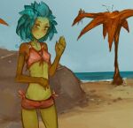  beach blue_eyes blue_hair bottomwear celia_(portals_of_phereon) clothed clothing elemental_creature elemental_humanoid female flora_fauna flower flower_hair gesture green_body green_skin hair hotpants humanoid looking_at_viewer not_furry outside plant plant_hair plant_humanoid portals_of_phereon pseudo_hair ribs sand sea seaside short_hair shorts small_waist solo standing syvaron tree water waving 