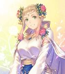  1girl alternate_costume anbe_yoshirou bangs blonde_hair breasts cape collarbone commentary double_bun dress fire_emblem fire_emblem_heroes floral_background flower gold_trim gradient_hair green_eyes hair_bun hair_flower hair_ornament henriette_(fire_emblem) highres jewelry leaf_hair_ornament lips looking_at_viewer medium_breasts multicolored_hair official_alternate_costume parted_lips pink_hair red_flower red_rose robe rose short_hair sidelocks signature smile solo teeth white_cape white_dress white_robe wide_sleeves yellow_flower 