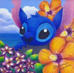  2013 acrylic_painting_(artwork) alien black_eyes blue_body blue_claws blue_fur blue_nose claws day disney experiment_(lilo_and_stitch) flower fur head_tuft hibiscus lilo_and_stitch notched_ear outside painting_(artwork) plant sea signature solo stephanie_cassata stitch_(lilo_and_stitch) traditional_media_(artwork) tuft water 