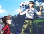  2boys :d ball bangs belt black_belt blue_eyes blue_sky blurry blurry_background brown_eyes brown_hair casual cloud collared_shirt commentary_request dappled_sunlight day edogawa_conan from_side glasses green_pants hands_up height_difference k_(gear_labo) kazami_yuuya looking_at_another looking_at_object male_focus meitantei_conan multiple_boys necktie open_mouth outdoors pants playing_sports purple_neckwear red_shirt shirt shirt_tucked_in short_hair short_sleeves sky sleeves_rolled_up smile soccer_ball sport standing sunlight sweatdrop tree white_shirt 