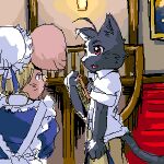  2004 anthro black_body black_fur bottomwear clothing detailed_background domestic_cat duo felid feline felis fur inside kemono low_res maid_uniform male mammal morenatsu pants shin_(morenatsu) shirt topwear uniform unknown_artist video_games visual_novel 