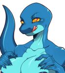  amphibian anthro big_breasts breast_squish breasts bust_portrait cuggq fangs female glistening hi_res looking_at_viewer nude orange_eyes portrait rubber salamander_(amphibian) salisha simple_background smooth_skin solo squish synthetic tongue tongue_out 