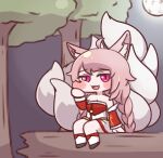  1girl :3 ahri ahri_(cosplay) animal_ears chibi cosplay fang fox_ears fox_girl fox_tail full_body geomim highres korean_clothes kumiho last_origin league_of_legends looking_at_viewer moon multiple_tails night open_mouth sky smile solo t-14_miho tail tree 