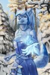  2:3 absurd_res amber_puppy anthro blue_body blue_claws blue_clothing blue_dress blue_eyes blue_fur blue_hair blue_nose canid canine canis claws clothed clothing detailed_background dress female forest forest_background fur glowing hair herm_(lore) hi_res ice jakeseeker looking_at_viewer magic magic_user mammal nature nature_background outside plant sky smile snow solo standing teeth tree white_body white_ears white_fur white_hair white_tail wolf 