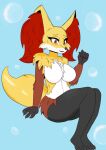  anthro anthrofied athom big_breasts blue_background blush breasts bubble canid canine chest_tuft claws convenient_censorship delphox featureless_breasts female fur hi_res huge_breasts inner_ear_fluff looking_at_viewer mammal nintendo open_mouth pok&eacute;mon pok&eacute;mon_(species) red_eyes simple_background sitting solo thick_thighs tongue tuft video_games wide_hips 