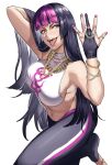  1girl abs bangle bangs black_hair bling blunt_bangs bracelet breasts chain chinese_clothes commentary dudou english_commentary eyelashes fingernails gem gold_chain han_juri hand_in_hair hanny_(uirusu_chan) highres jewelry large_breasts midriff multicolored_hair multiple_rings nail_polish navel pants pose purple_eyes purple_hair purple_nails sideboob sleeveless solo straight_hair street_fighter street_fighter_v toned tongue tongue_out track_pants two-tone_hair upper_teeth 