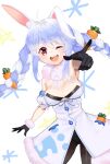  1girl ;d absurdres ahoge animal_ear_fluff animal_ears black_gloves black_leotard blue_hair braid breasts bunny-shaped_pupils bunny_ears carrot carrot_hair_ornament coat don-chan_(usada_pekora) food_themed_hair_ornament fur_trim gloves hair_ornament highres hololive leotard long_hair looking_at_viewer multicolored_hair obu_(da1103ll) one_eye_closed open_mouth pocket pointing pointing_at_viewer rabbit_girl red_eyes round_teeth short_eyebrows small_breasts smile solo star_(symbol) strapless_coat teeth twin_braids twintails two-tone_hair usada_pekora virtual_youtuber white_background white_coat white_hair 
