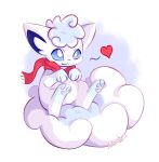  &lt;3 2021 absurd_res alolan_vulpix ambiguous_gender belly big_tail blue_pawpads blue_sclera feral fluffy fluffy_tail hi_res kitsuakari looking_up markings nintendo pawpads paws pok&eacute;mon pok&eacute;mon_(species) pupils red_scarf regional_form_(pok&eacute;mon) scarf shaded signature simple_background sitting sitting_on_tail solo video_games white_body white_pupils 