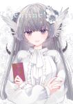  1girl curled_horns english_text eyebrows_visible_through_hair flower grey_hair hair_flower hair_ornament holding horns konataeru long_hair long_sleeves open_mouth original purple_hair red_nails shirt solo valentine white_background white_shirt 