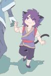  2boys animal_ears black_pants blush eyes_visible_through_hair fengxi_(the_legend_of_luoxiaohei) green_background holding_hands multiple_boys okada_(okada_zari) pants purple_eyes purple_hair shadow short_hair short_sleeves simple_background smile tail the_legend_of_luo_xiaohei xuhuai_(the_legend_of_luoxiaohei) younger 