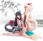  2girls aqua_gloves arknights ass bare_legs barefoot black_hair breasts china_dress chinese_clothes cleavage dragon_girl dragon_horns dragon_tail dress dusk_(arknights) feet gloves gradient_skin green_gloves highres horns long_hair multiple_girls nian_(arknights) nian_(unfettered_freedom)_(arknights) pointy_ears red_bandeau red_neckwear sleeveless sleeveless_dress soles tail tail_licking thigh_tattoo toes white_dress white_hair yamauchi_(conan-comy) 