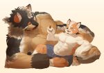  2021 9x8bit anthro barazoku black_nose bottomwear brown_body brown_fur cake canid canine canis clothing dessert domestic_dog duo eyes_closed food fur hi_res humanoid_hands kemono male mammal musclegut shorts simple_background sitting size_difference 