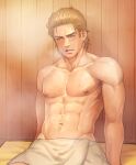  1boy abs arm_support blonde_hair blush chromatic_aberration collarbone green_eyes indoors kazuhira_miller lunarclinic male_focus metal_gear_(series) metal_gear_solid_peace_walker mullet muscular muscular_male naked_towel navel nipples nude open_mouth pectorals sauna short_hair sitting solo steam sweat towel wooden_wall 