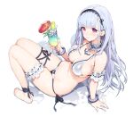  1girl anchor_choker ankle_ribbon arm_garter arm_support azur_lane bangs bare_shoulders barefoot bikini black_ribbon blunt_bangs bow bow_bikini bracelet breasts cleavage cocktail_glass cocktail_umbrella cup dido_(azur_lane) drink drinking_glass drinking_straw earrings eyebrows_visible_through_hair garters headdress holding holding_drink ice ice_cube jewelry large_breasts lime_slice long_hair looking_at_viewer mandrill navel pink_eyes puddle ribbon side-tie_bikini sideboob silver_hair simple_background solo swimsuit water white_background 