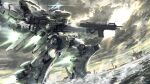  armored_core armored_core:_for_answer cloud cloudy_sky dual_wielding glowing gun highres holding holding_gun holding_weapon horns looking_up mecha no_humans single_horn skating sky solo takuan_(a_mood_home) visor water weapon white_glint 