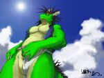  2005 anthro asian_clothing asian_mythology barazoku biped clothing dragon east_asian_clothing east_asian_mythology eastern_dragon fundoshi green_body humanoid_hands japanese_clothing kemono male morenatsu mythology outside solo tatsuki_(morenatsu) underwear unknown_artist video_games visual_novel 