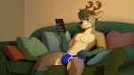  abs absurd_res afternoon anthro antlers athletic bedroom_eyes blue_clothing blue_underwear brown_body brown_fur bulge cellphone cervid clothed clothing cozy detailed_background fur furniture green_body green_eyes green_fur hi_res holding_cellphone holding_object holding_phone holding_smartphone horn male mammal narrowed_eyes phone pillow sebtheredpanda seductive sitting smartphone sofa solo underwear underwear_only zone_system 