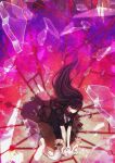  1girl abstract absurdres akemi_homura black_dress black_hair commentary dress english_commentary funeral_dress glaring hairband highres homulilly huge_filesize kneeling kyubey long_hair mahou_shoujo_madoka_magica mahou_shoujo_madoka_magica_movie multicolored multicolored_background red_eyes shards short_hair signature spoilers strangling tears watermark yuevander 