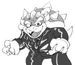  2021 4_fingers anaugi anthro bottomwear bowser claws clothing eyebrows fangs finger_claws fingers hair horn koopa male mario_bros monochrome necktie nintendo open_mouth open_smile pants scalie shell simple_background smile solo spiked_shell spikes spikes_(anatomy) standing suit super_mario_bros._(movie) thick_eyebrows tied_hair video_games white_background 