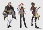  3boys aragami_ouga arurandis belt black_jacket brown_jacket collared_shirt earrings eyepatch food fruit green_eyes grey_neckwear hand_on_hip head_tilt heterochromia holostars horns jacket jewelry looking_back male_focus multiple_boys official_art orange orange_eyes plaid_jacket purple_eyes sample shirt single_horn suit_jacket virtual_youtuber watermark white_jacket white_shirt xia_(ryugo) yukoku_roberu 