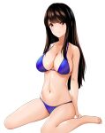  1girl absurdres bangs barefoot bikini breasts brown_eyes brown_hair collarbone eyebrows_visible_through_hair highres large_breasts long_hair looking_at_viewer marui_koishi navel original purple_bikini simple_background sitting smile solo swimsuit wariza 