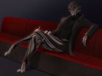 alien bioware bodypaint clothed clothing coat crossed_legs electronic_arts face_paint female furniture hand_on_leg hand_on_thigh hi_res legwear mass_effect navel on_sofa open_clothing open_coat open_topwear pupils sitting slit_pupils sofa solo spacemaxmarine stockings sweater topwear turian turtleneck yellow_eyes