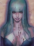  1girl bare_shoulders blood blood_from_mouth blood_on_breasts blood_on_face bloody_hair collarbone dripping fangs fujii_eishun green_hair hatching_(texture) highres long_hair looking_at_viewer morrigan_aensland nosebleed pink_lips red_eyes sketch smile solo teeth upper_body vampire vampire_(game) 