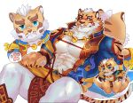  1boy abs abs_cutout animal_ears arm_cutout bara bare_pecs beige_fur blue_eyes character_doll character_request cleavage_cutout clothing_cutout feet_out_of_frame fluffy furry jewelry large_pectorals male_cleavage male_focus muscular muscular_male necklace nekojishi orange_fur pelvic_curtain short_hair shoulder_cutout skin_tight smile solo spread_legs stomach stuffed_animal stuffed_toy tiger_boy tiger_ears tiger_stripes tora_d 