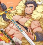  1boy abs alternate_facial_hair animal_hood bara bare_pecs beard belt between_pecs blue_eyes brown_hair bulge chest_harness collar cowboy_shot dutch_angle facial_hair fang fingerless_gloves forked_eyebrows fur_(clothing) gloves goatee gullinbursti_(tokyo_houkago_summoners) harness highres holding holding_sword holding_weapon hood large_pectorals looking_at_viewer male_focus muscular muscular_male navel nipples pectorals pelvic_curtain revealing_clothes short_hair smile solo spiked_hair stomach summon_lw sword tokyo_houkago_summoners weapon 
