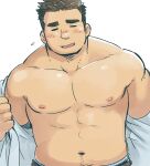  1boy assisted_exposure bara bare_pecs belly blush male_focus muscular muscular_male navel navel_hair nipples open_clothes open_shirt original pectorals plump short_hair smile solo_focus stomach suv undressing_another upper_body 