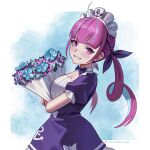  1girl ahoge anchor_print blue_bow blue_bowtie blue_dress blue_ribbon bouquet bow bowtie colored_inner_hair commentary dress drill_hair english_commentary flower highres holding holding_bouquet hololive long_hair looking_at_viewer maid_headdress minato_aqua minato_aqua_(1st_costume) multicolored_hair purple_eyes purple_hair ribbon seventeencrows short_sleeves simple_background smile solo twin_drills twintails two-tone_hair virtual_youtuber 
