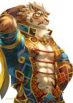  1boy abs abs_cutout animal_ears arm_behind_head bara bare_pecs beige_fur blue_eyes character_request cleavage_cutout clothing_cutout fluffy furry large_pectorals looking_at_viewer male_cleavage male_focus muscular muscular_male navel nekojishi orange_fur short_hair sky_(sora_no_gomibako) solo stomach tiger_boy tiger_ears tiger_stripes upper_body white_background 