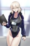  1girl artoria_pendragon_(all) bangs black_swimsuit blonde_hair blush breasts collarbone covered_navel fate/stay_night fate_(series) gachou highleg highleg_swimsuit highres large_breasts long_hair long_sleeves looking_at_viewer low_ponytail one-piece_swimsuit open_mouth saber_alter smile swimsuit thighs yellow_eyes 